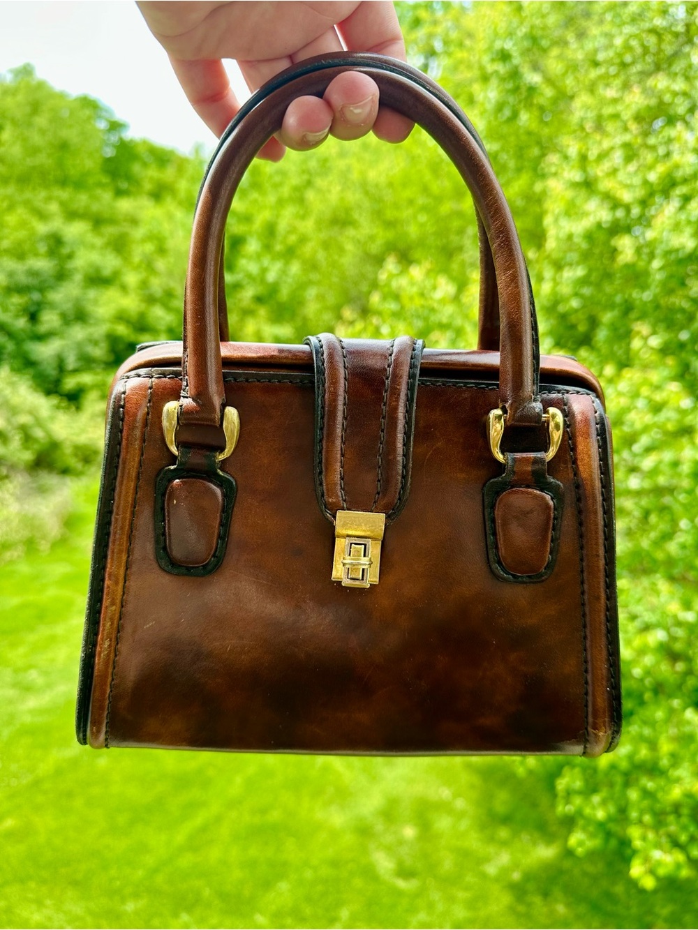Vintage Leather Small Structured Marbled Brown Leather Handbag w Gold Clasps - Picture 2 of 13